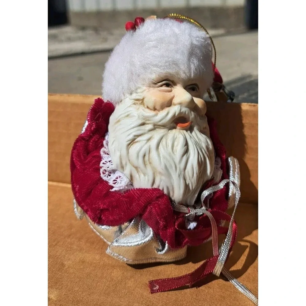 Vtg‎ Christmas Hand Painted Porcelain Santa Ornament Red Velvet Bells Lace A1